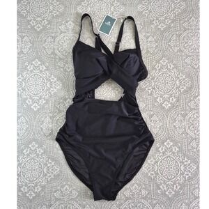 Eomenie Womens Black Cutout One Piece Swimsuit Tummy Control Ruched Monokini S